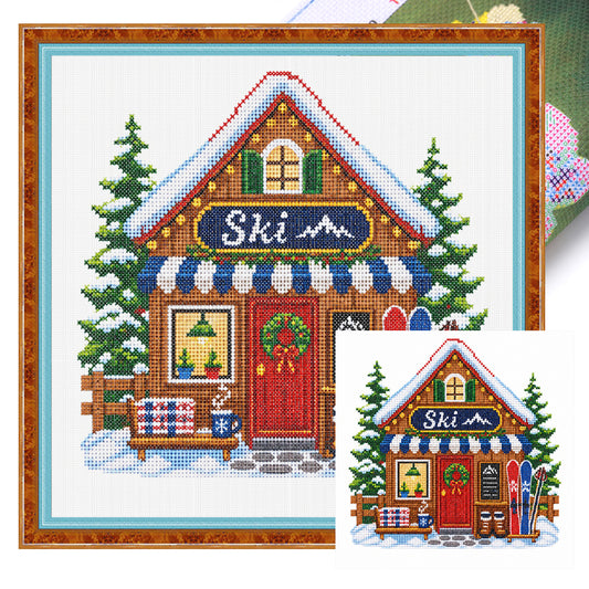 Skihütte – Vollständiges 14CT gestempeltes Kreuzstichset 40x40CM – Huacan
