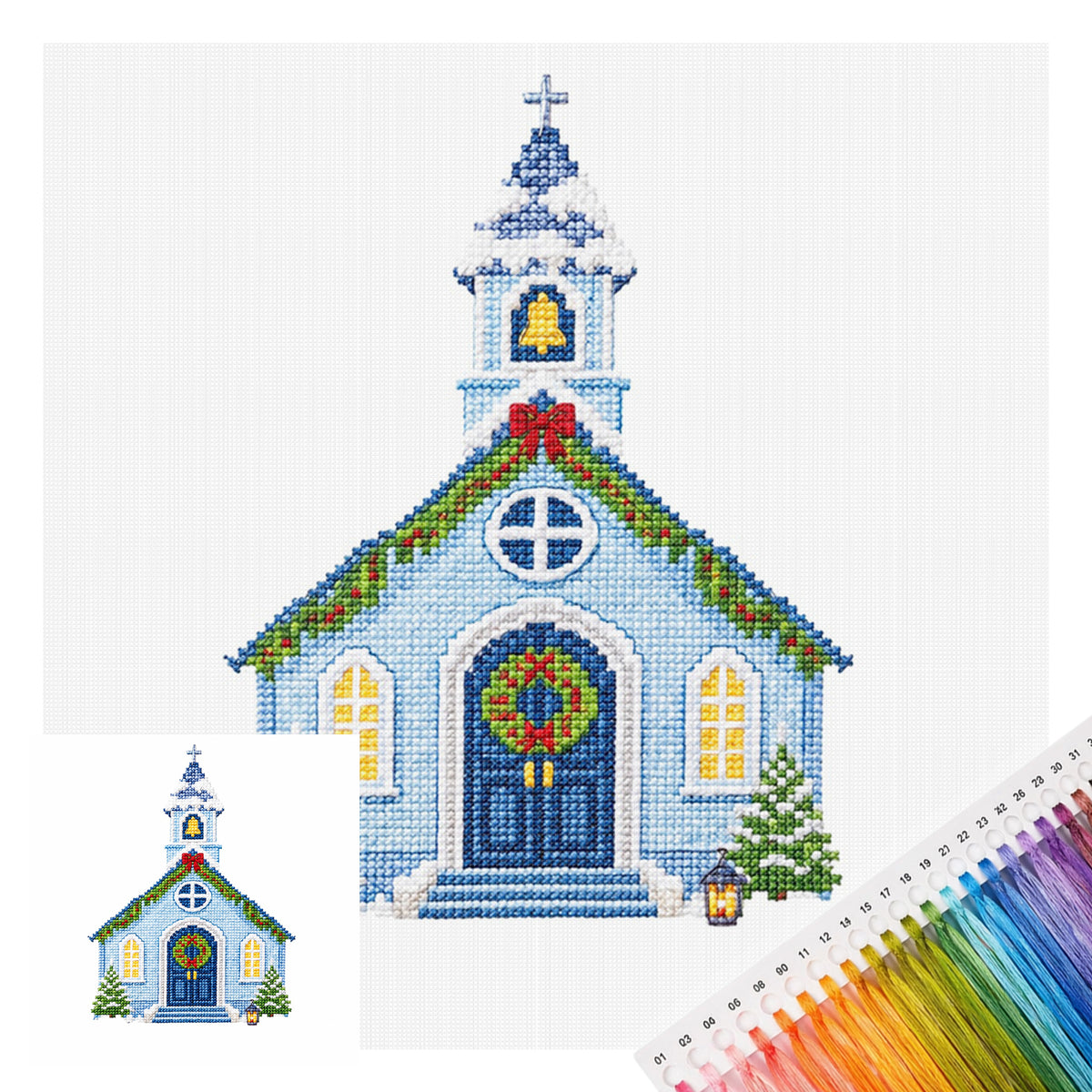 Hellblaue Weihnachtskirche - Komplett 14CT gestempeltes Kreuzstich-Set 40x40CM - Huacan