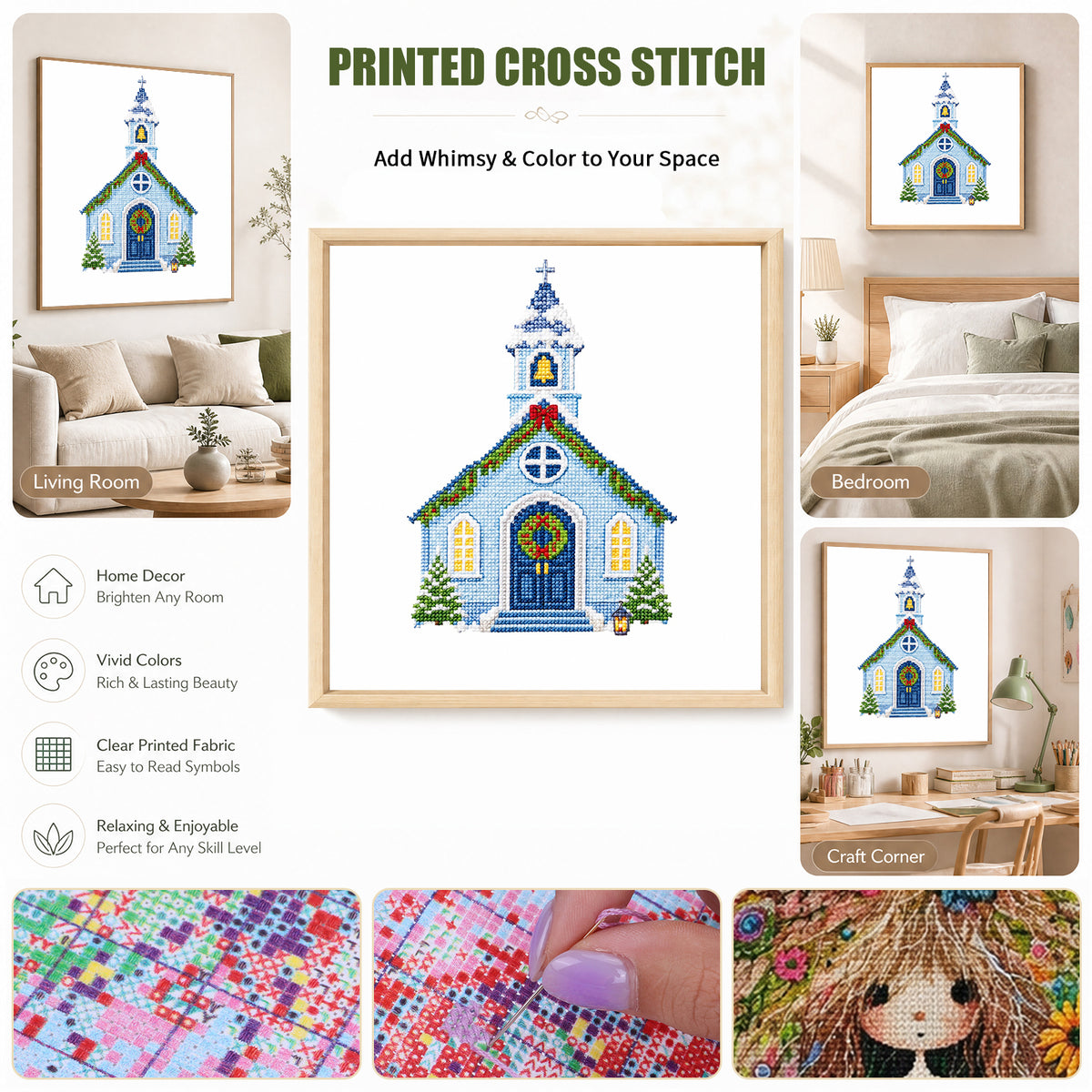 Hellblaue Weihnachtskirche - Komplett 14CT gestempeltes Kreuzstich-Set 40x40CM - Huacan