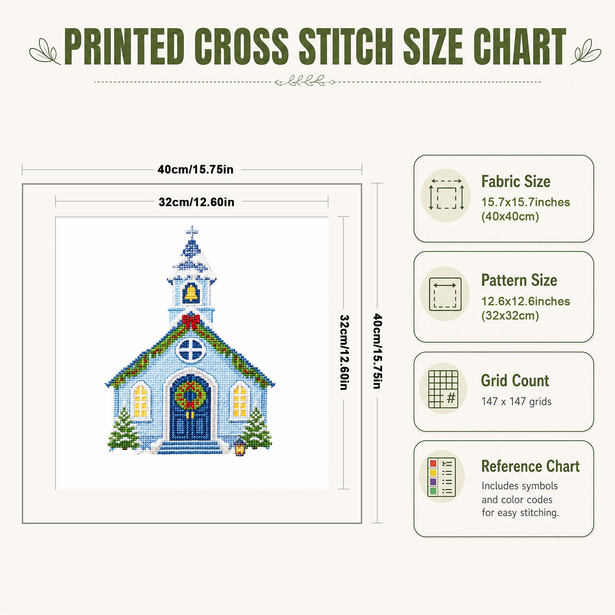 Hellblaue Weihnachtskirche - Komplett 14CT gestempeltes Kreuzstich-Set 40x40CM - Huacan