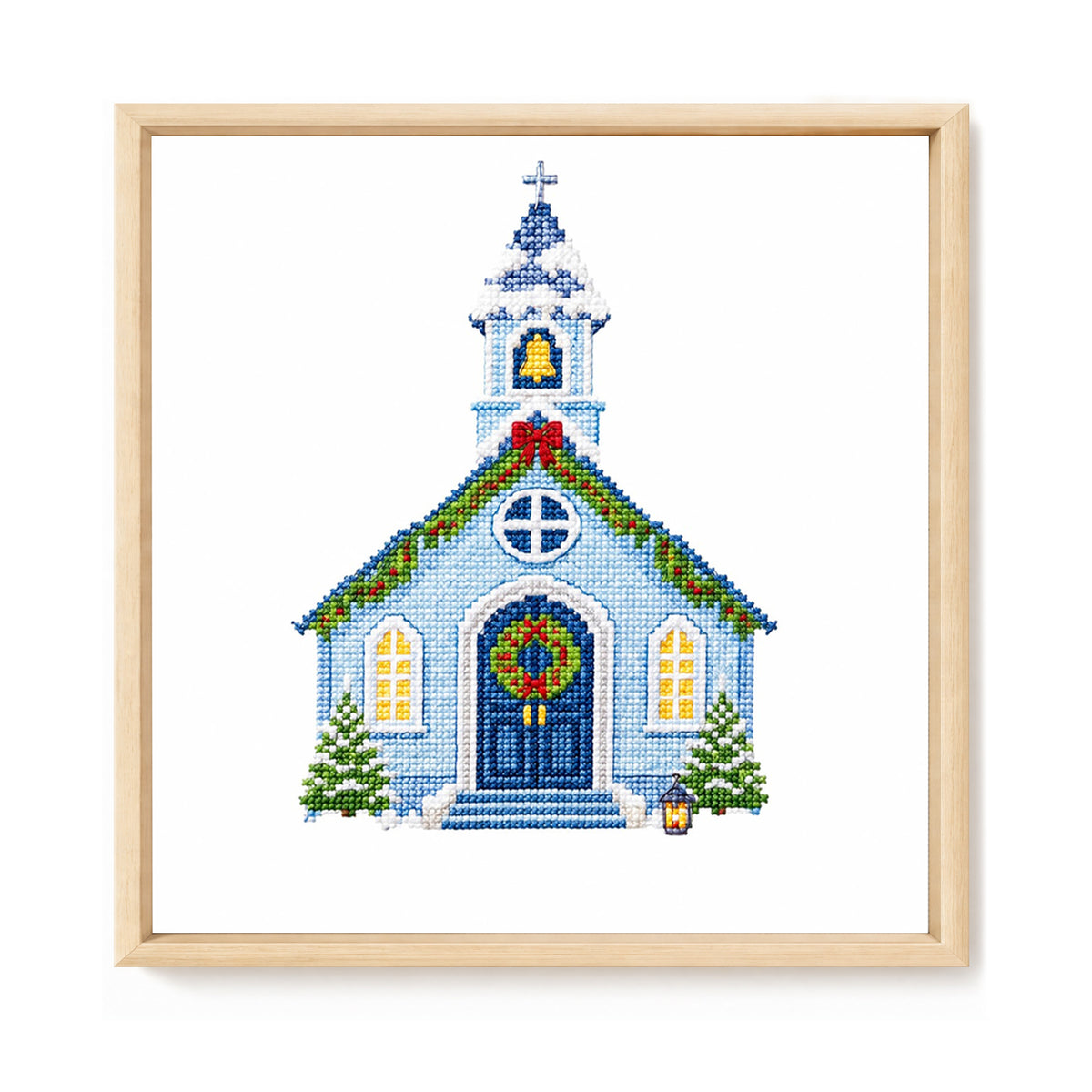 Hellblaue Weihnachtskirche - Komplett 14CT gestempeltes Kreuzstich-Set 40x40CM - Huacan