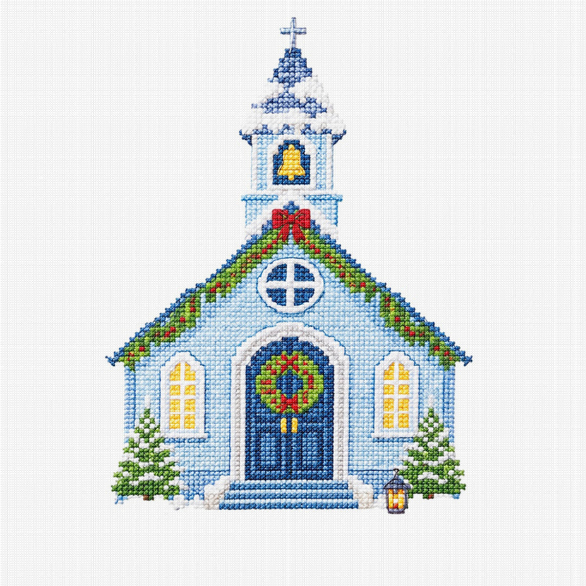 Hellblaue Weihnachtskirche - Komplett 14CT gestempeltes Kreuzstich-Set 40x40CM - Huacan