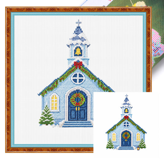 Hellblaue Weihnachtskirche - Komplett 14CT gestempeltes Kreuzstich-Set 40x40CM - Huacan