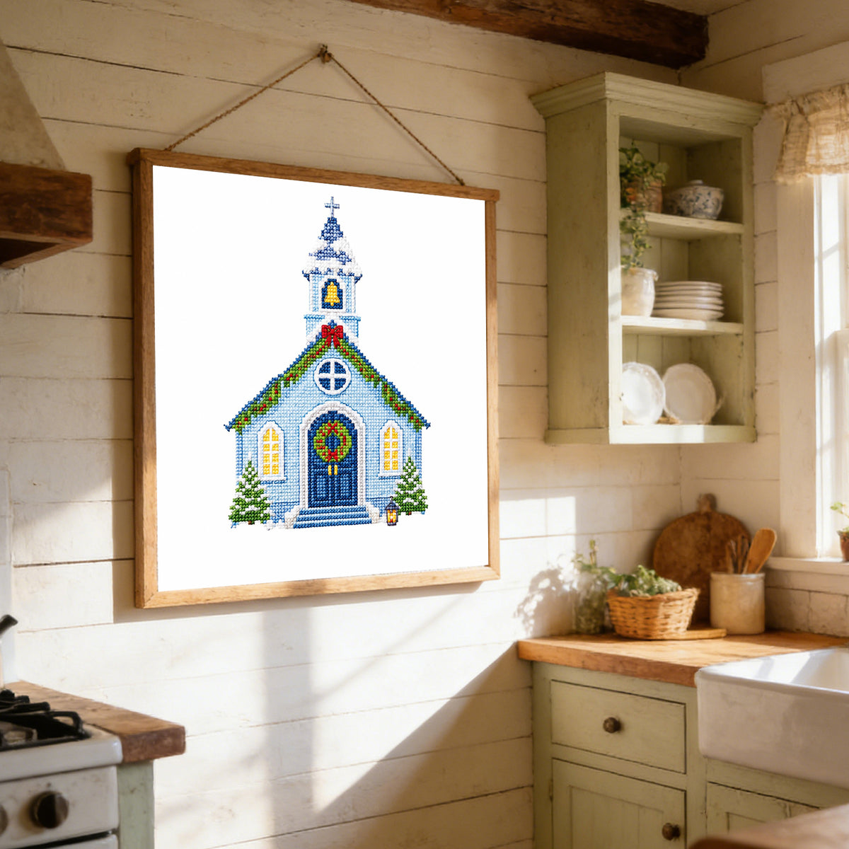 Hellblaue Weihnachtskirche - Komplett 14CT gestempeltes Kreuzstich-Set 40x40CM - Huacan