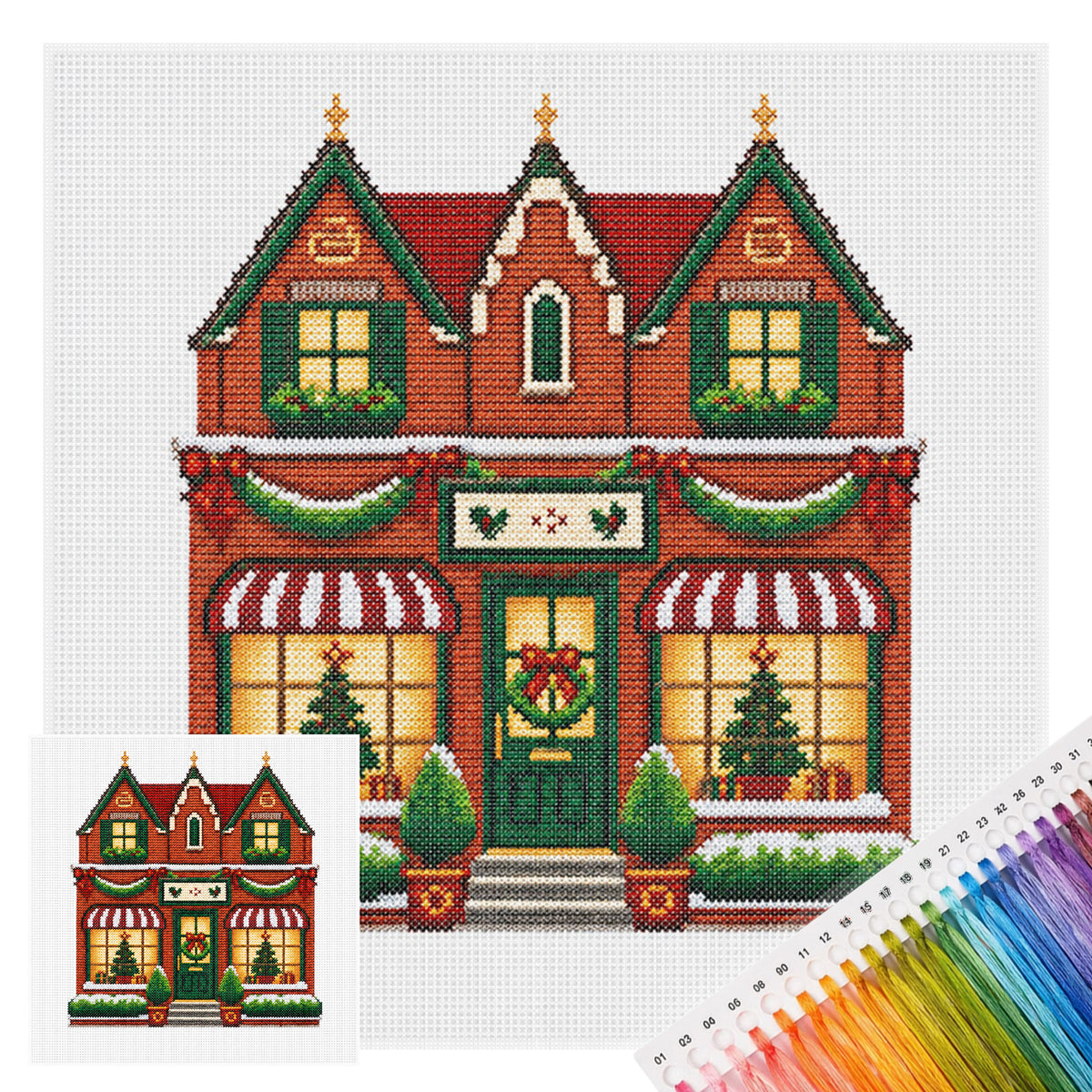 Vintage-Style Red Shop - Full 14CT Stamped Cross Stitch 40x40CM - Huacan