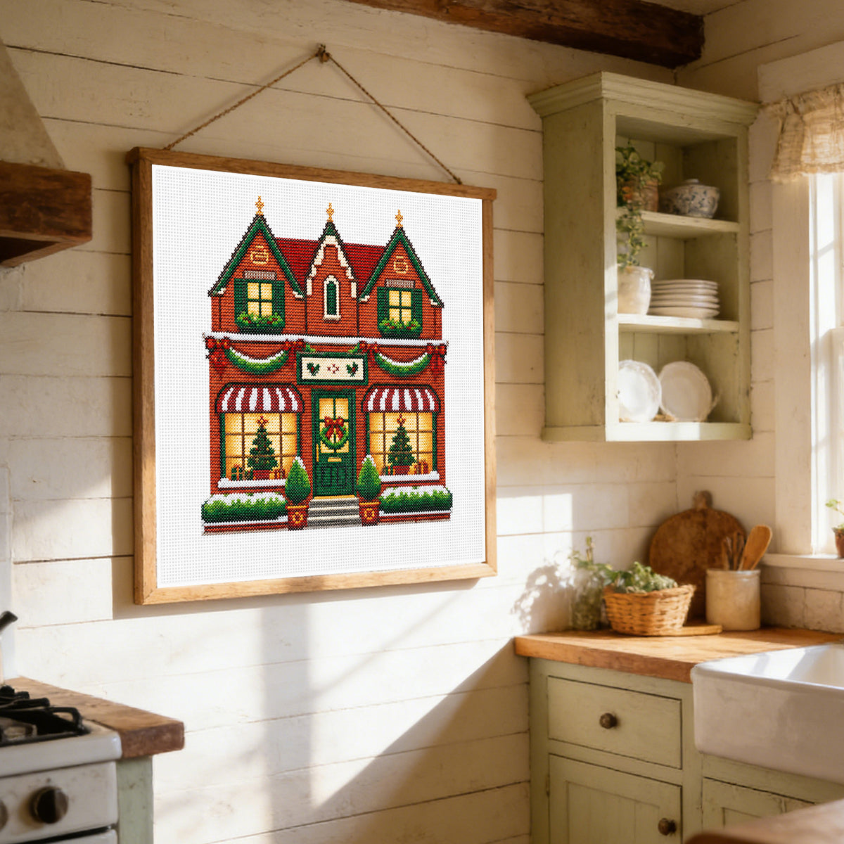 Vintage-Style Red Shop - Full 14CT Stamped Cross Stitch 40x40CM - Huacan