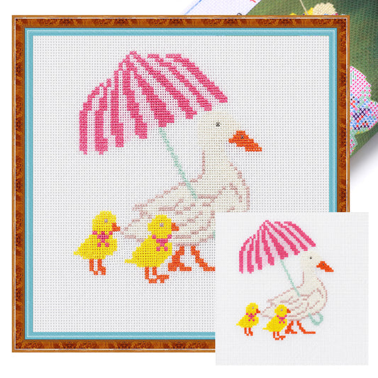 Enten- und Entenküken-Sonnenschirm - Vollständiges 14CT gestempeltes Kreuzstich-Set 40x40CM - Huacan