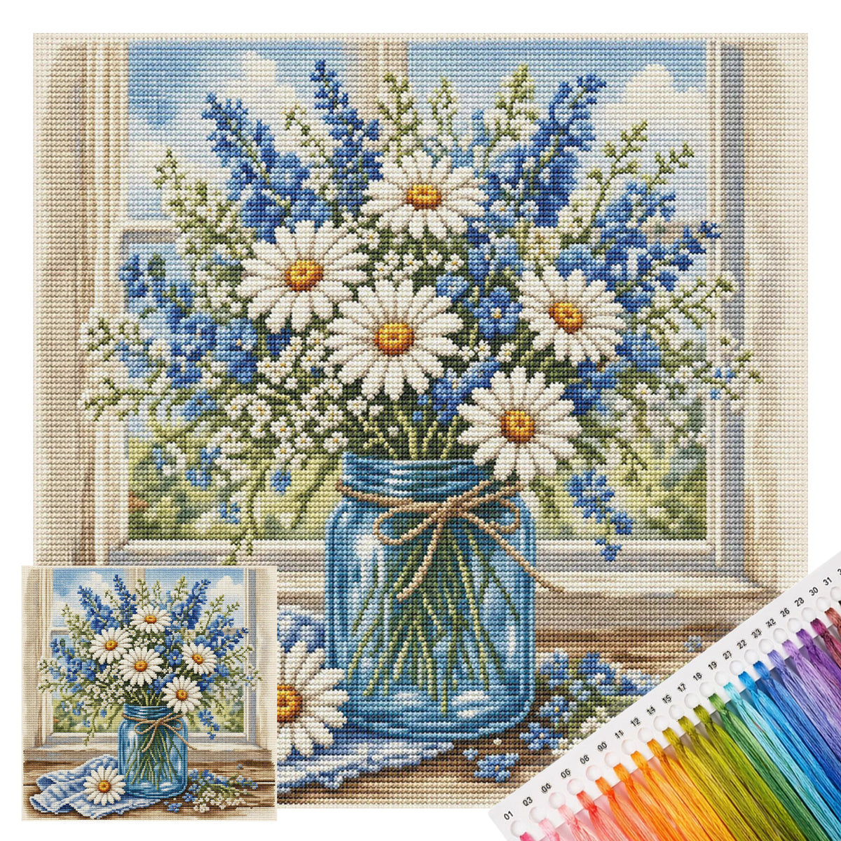 Daisy Window View - Full 11CT Stamped Cross Stitch 45x45CM - Huacan