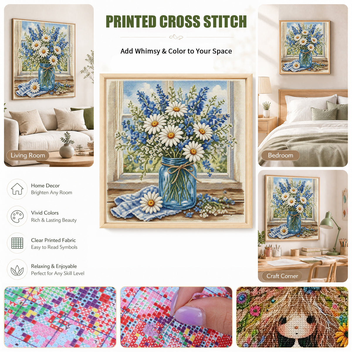 Daisy Window View - Full 11CT Stamped Cross Stitch 45x45CM - Huacan