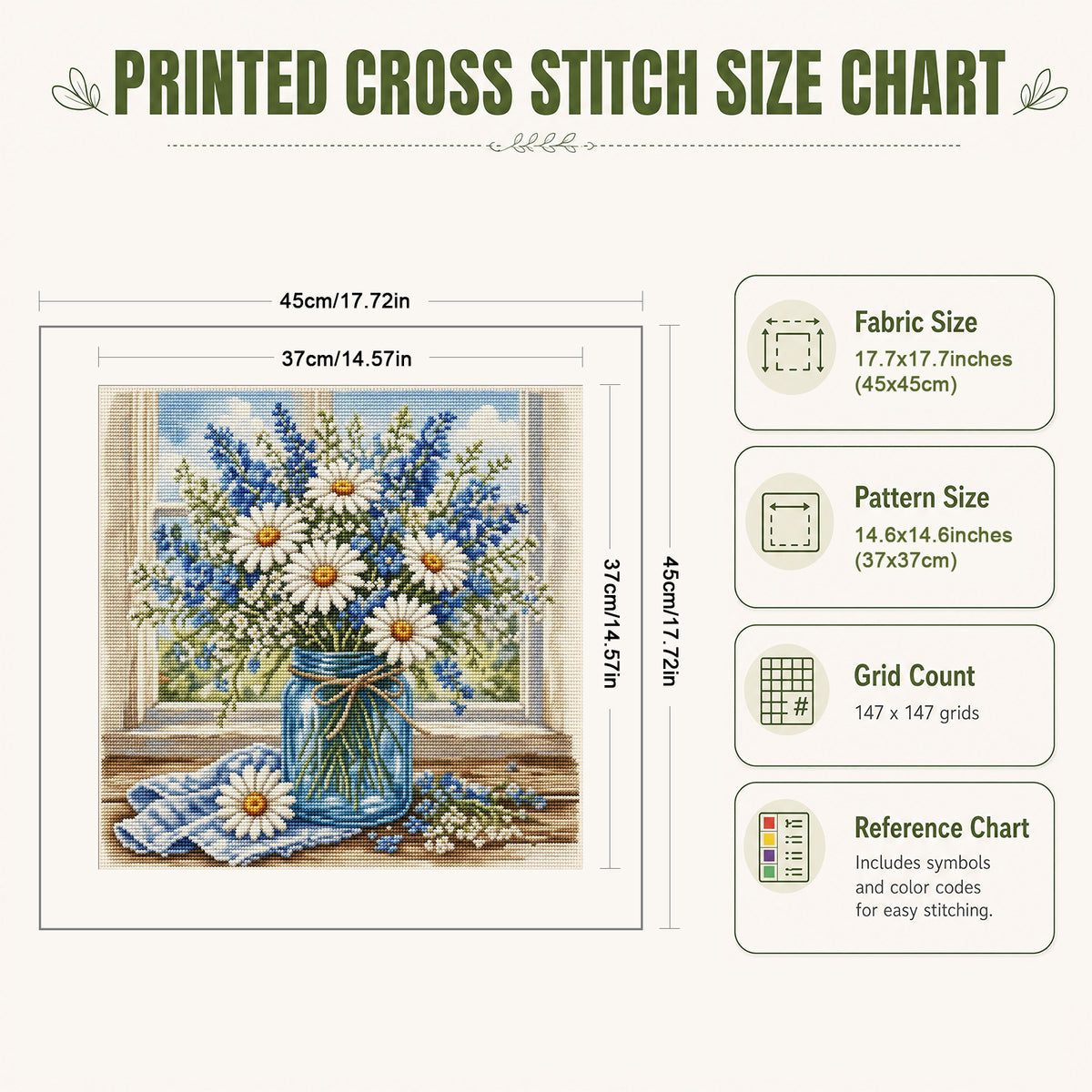 Daisy Window View - Full 11CT Stamped Cross Stitch 45x45CM - Huacan