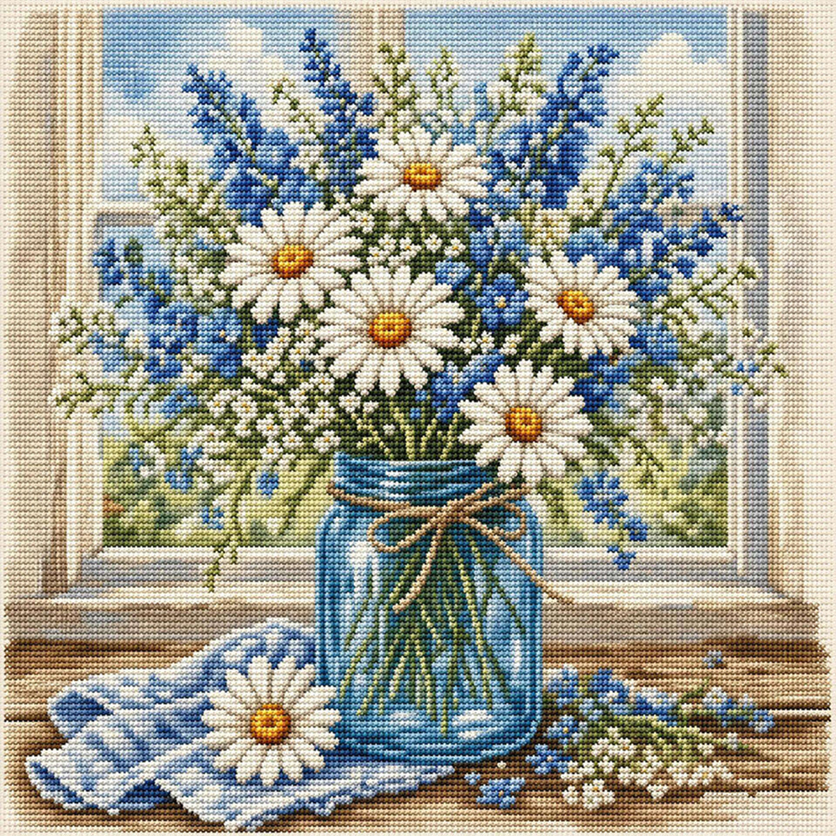 Daisy Window View - Full 11CT Stamped Cross Stitch 45x45CM - Huacan