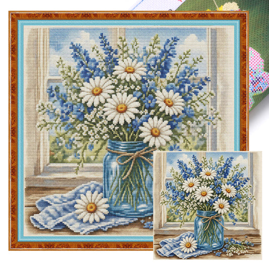 Gänseblümchen-Fensterblick – Komplettes 11CT Stempel-Kreuzstich-Set 45x45 cm – Huacan