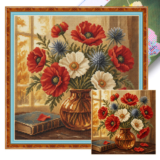 Mohnblumenstrauß – Komplettes 11CT Stempel-Kreuzstich-Set 45x45 cm – Huacan