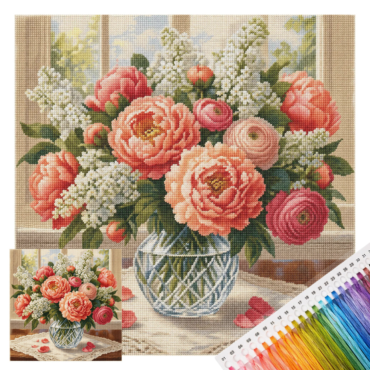 Pfingstrosenpracht - Vollständiges 11CT gestempeltes Kreuzstich-Set 45x45CM - Huacan