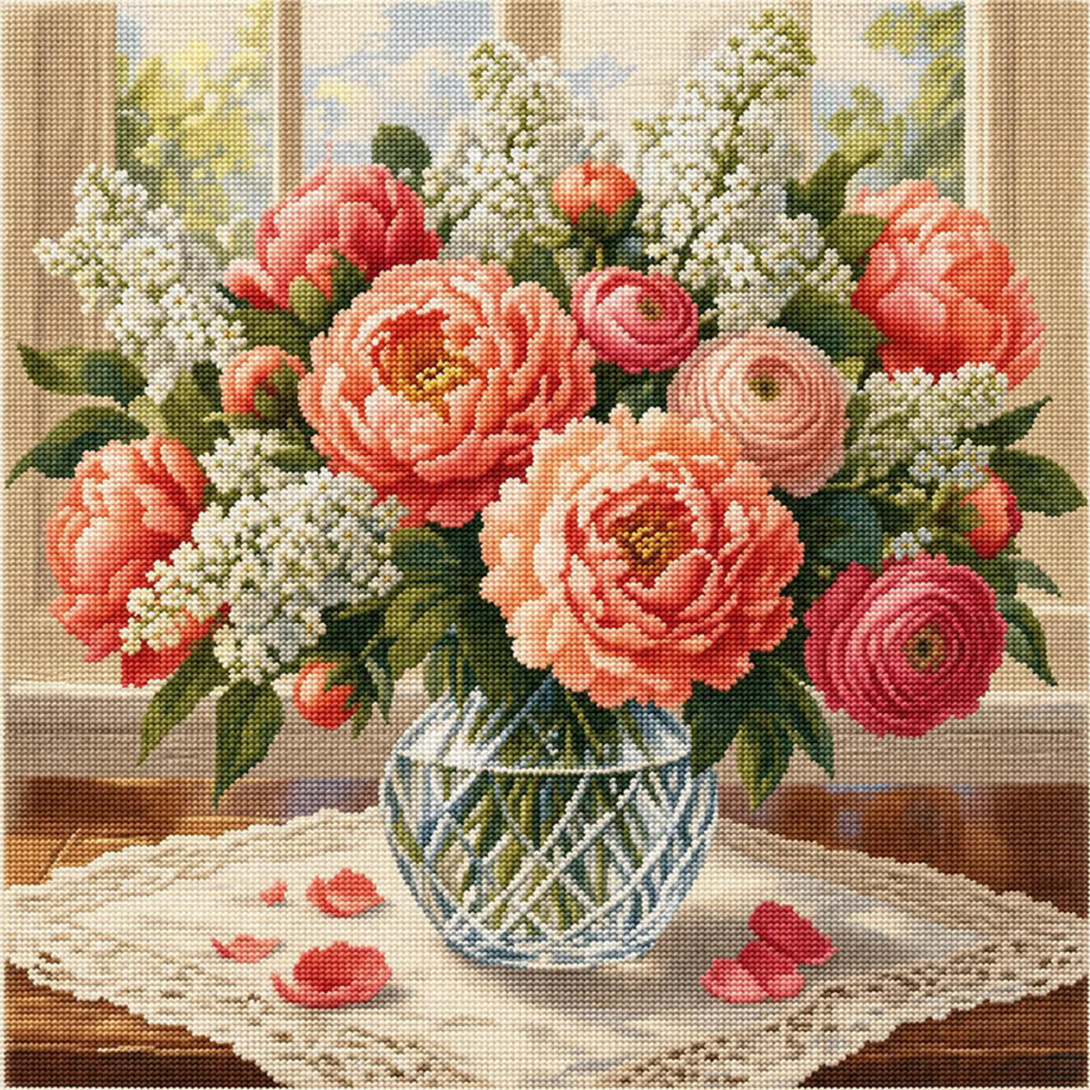 Pfingstrosenpracht - Vollständiges 11CT gestempeltes Kreuzstich-Set 45x45CM - Huacan