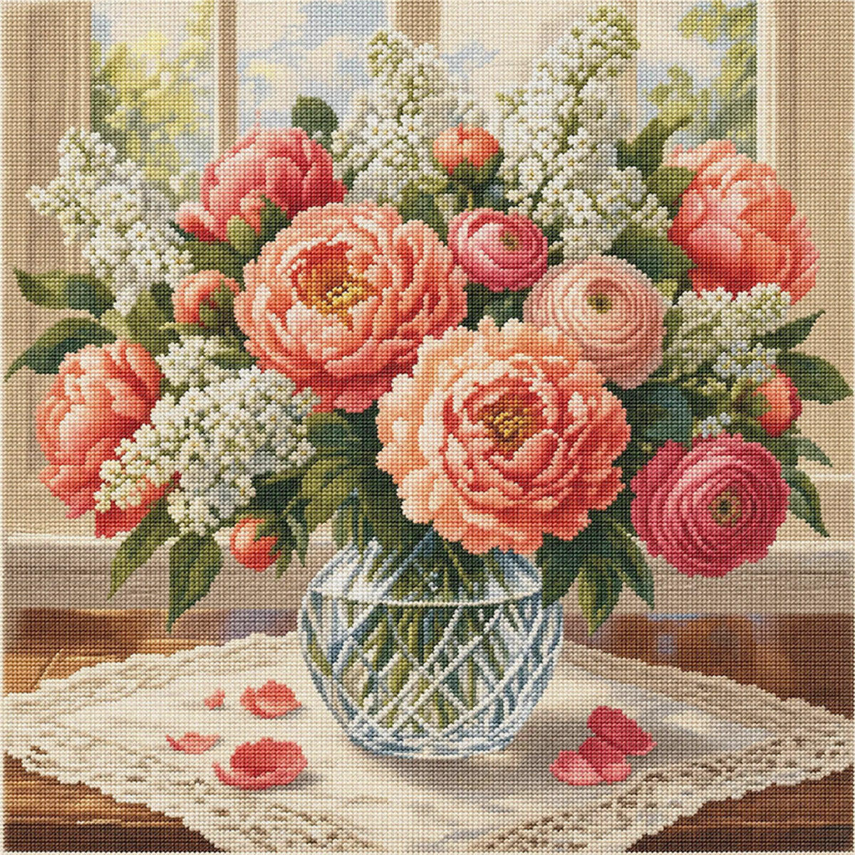 Pfingstrosenpracht - Vollständiges 11CT gestempeltes Kreuzstich-Set 45x45CM - Huacan
