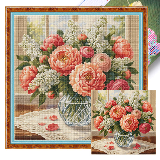 Pfingstrosenpracht - Vollständiges 11CT gestempeltes Kreuzstich-Set 45x45CM - Huacan
