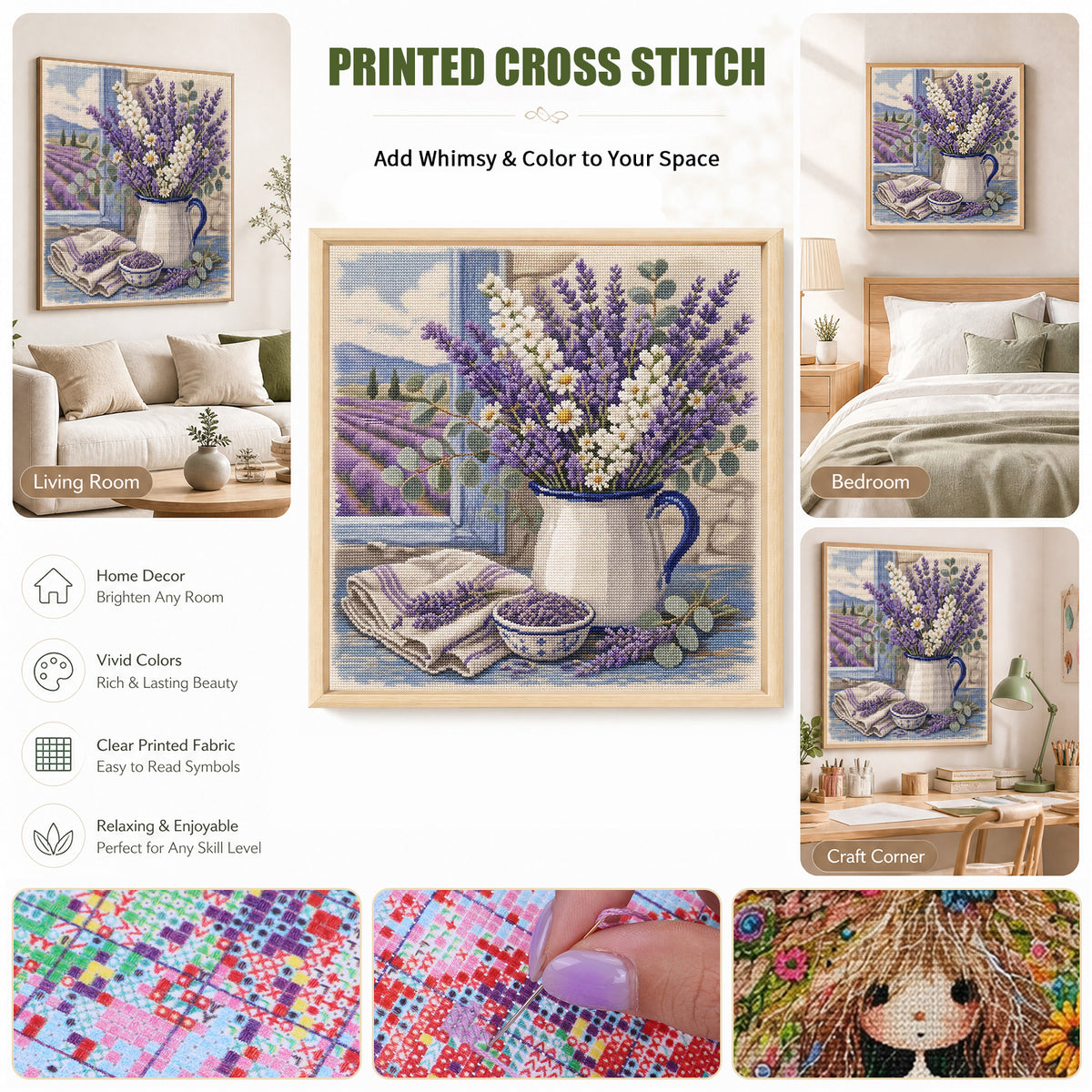 Lavender Moments - Full 11CT Stamped Cross Stitch 45x45CM - Huacan