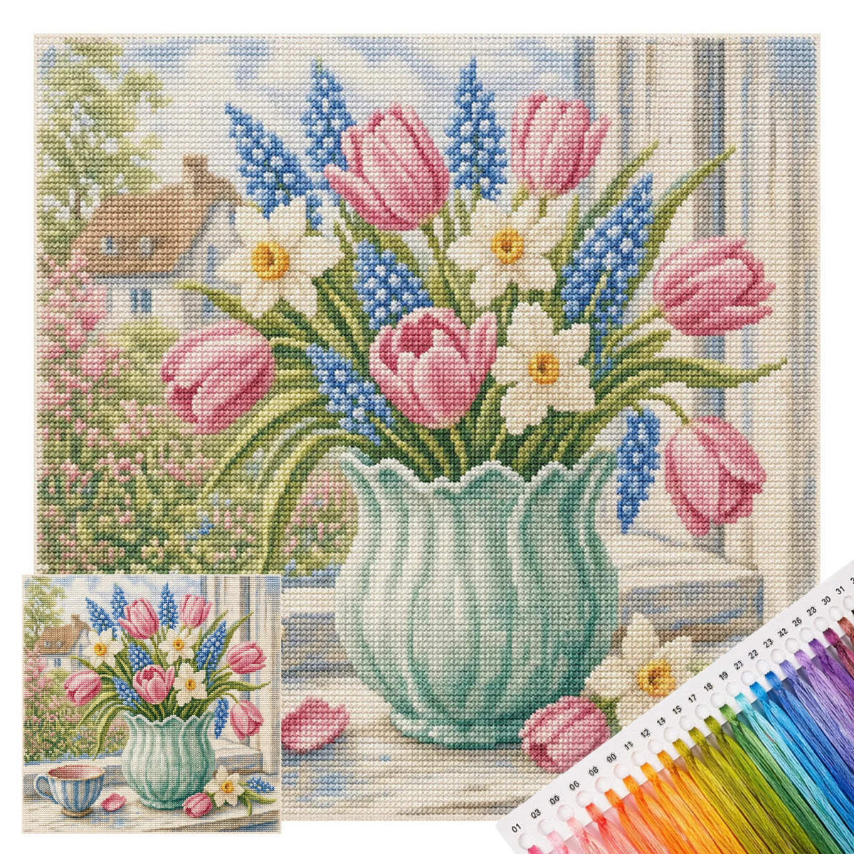 Frühlingstulpen - Vollständiges 11CT Stempel-Kreuzstich-Set 45x45 cm - Huacan