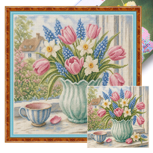 Frühlingstulpen - Vollständiges 11CT Stempel-Kreuzstich-Set 45x45 cm - Huacan