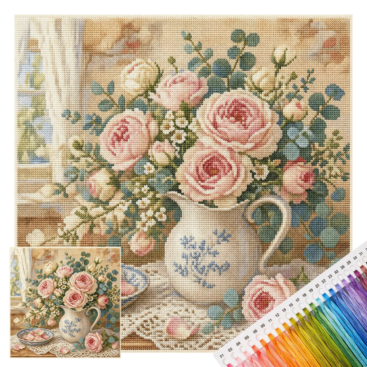 Elegant Pink Roses - Full 11CT Stamped Cross Stitch 45x45CM - Huacan