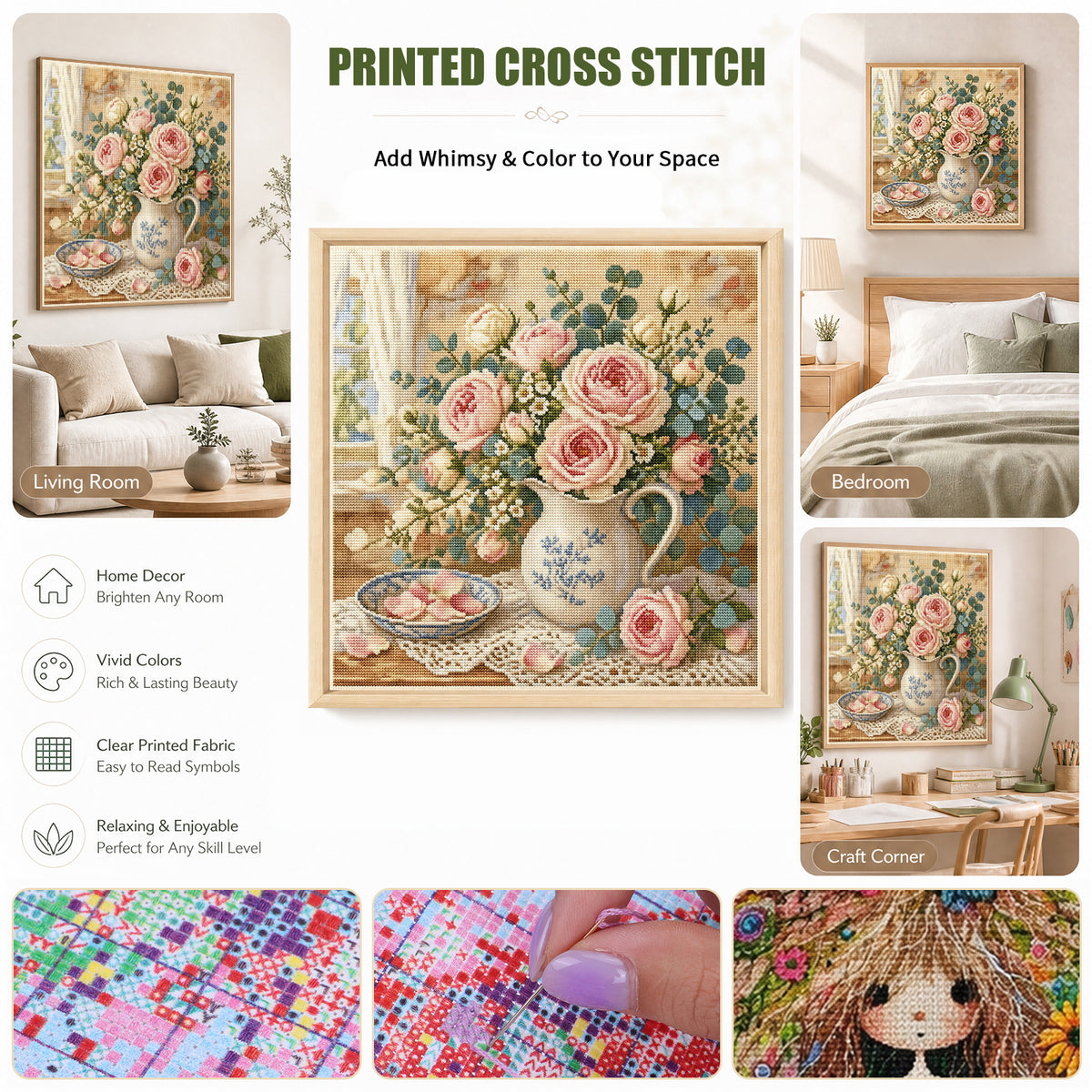 Elegant Pink Roses - Full 11CT Stamped Cross Stitch 45x45CM - Huacan