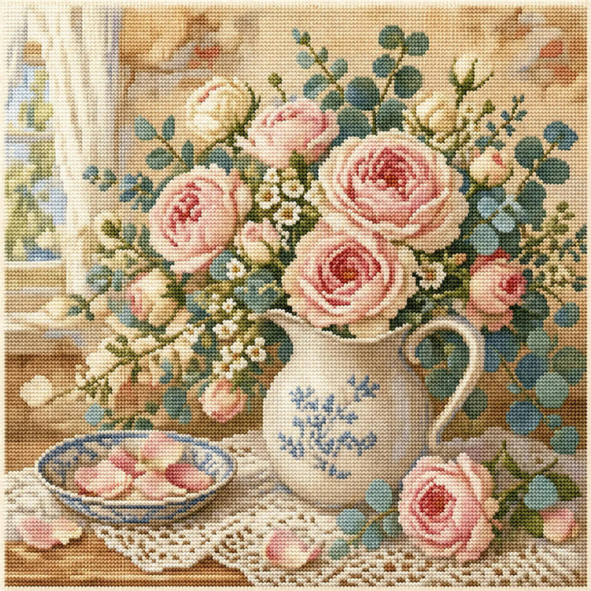 Elegant Pink Roses - Full 11CT Stamped Cross Stitch 45x45CM - Huacan