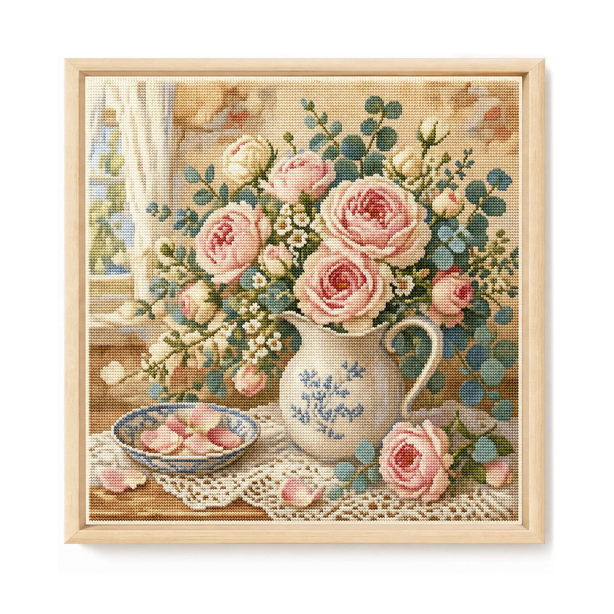 Elegant Pink Roses - Full 11CT Stamped Cross Stitch 45x45CM - Huacan