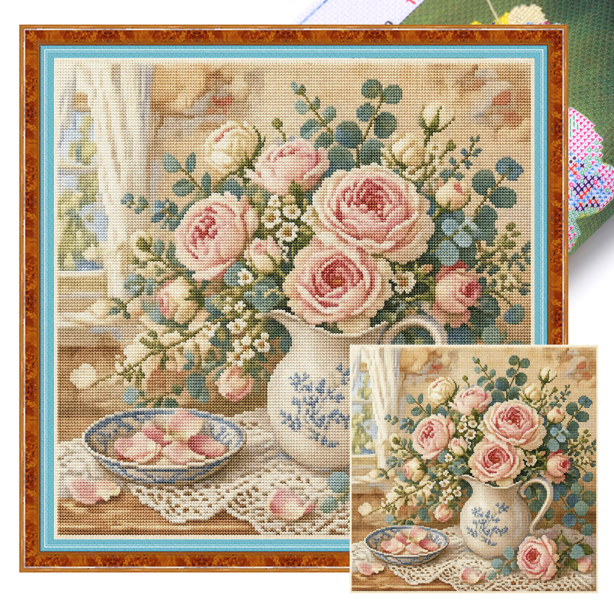 Elegant Pink Roses - Full 11CT Stamped Cross Stitch 45x45CM - Huacan