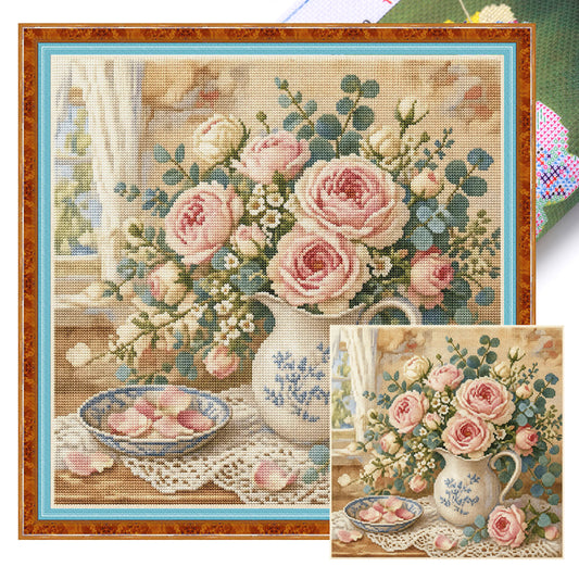 Elegante rosa Rosen - Vollständiges 11CT gestempeltes Kreuzstich-Set 45x45CM - Huacan