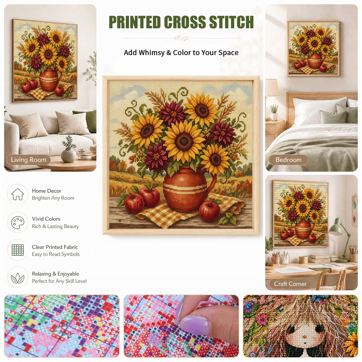 Autumn Sunflowers - Full 11CT Stamped Cross Stitch 45x45CM - Huacan