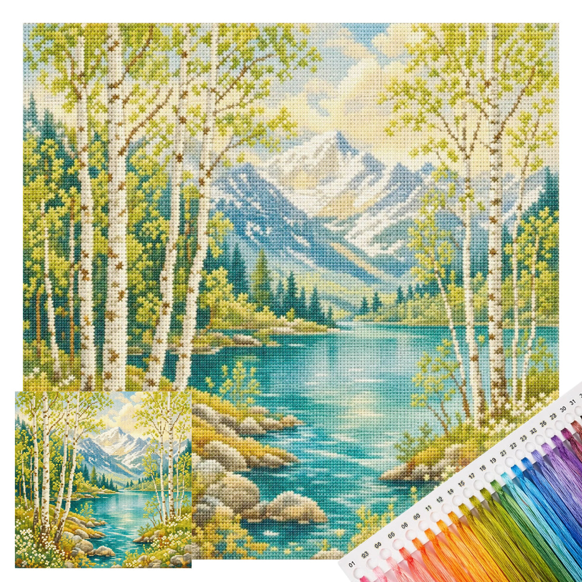 Mountain Lake And Birch Forest - Full 11CT Stamped Cross Stitch 45x45CM - Huacan