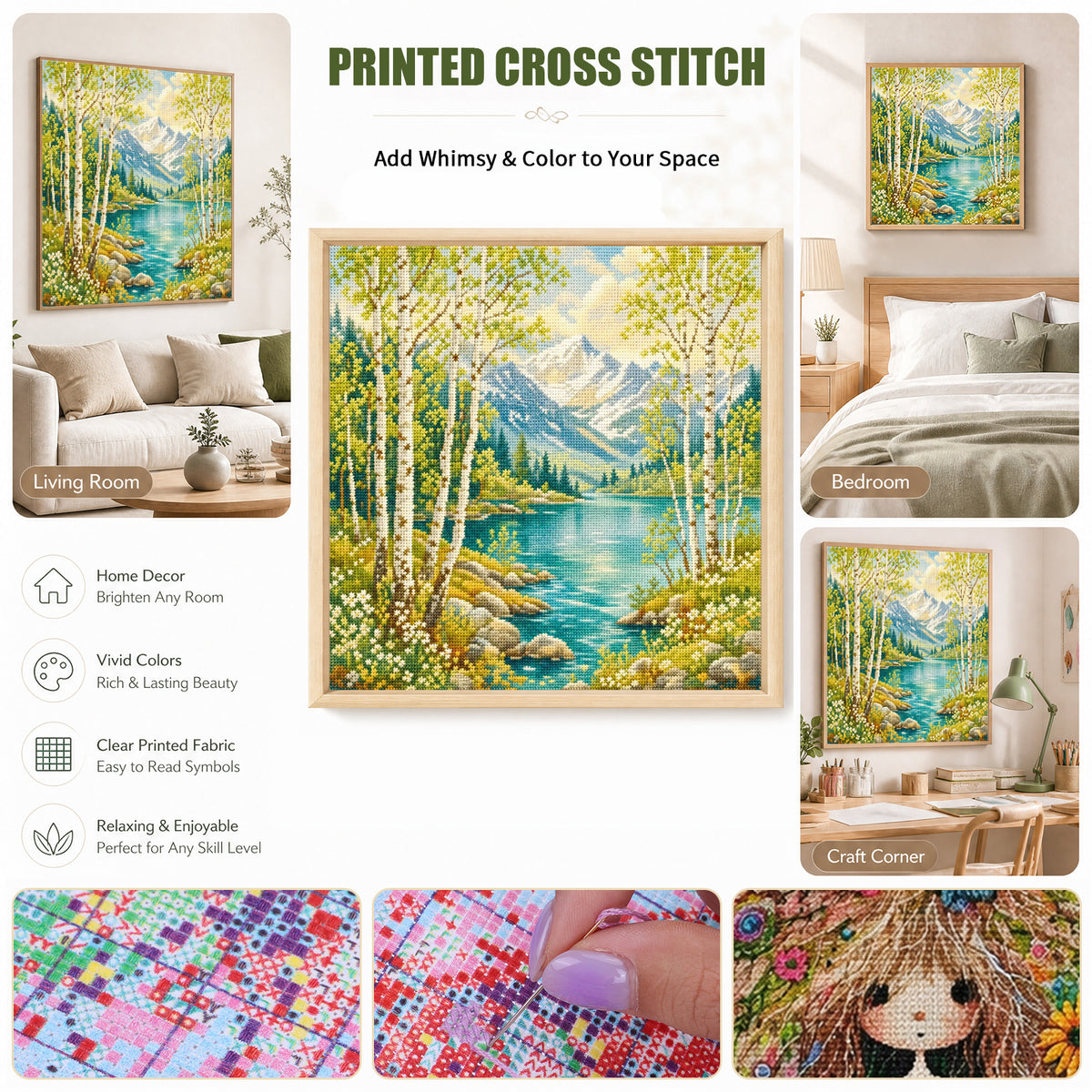 Mountain Lake And Birch Forest - Full 11CT Stamped Cross Stitch 45x45CM - Huacan