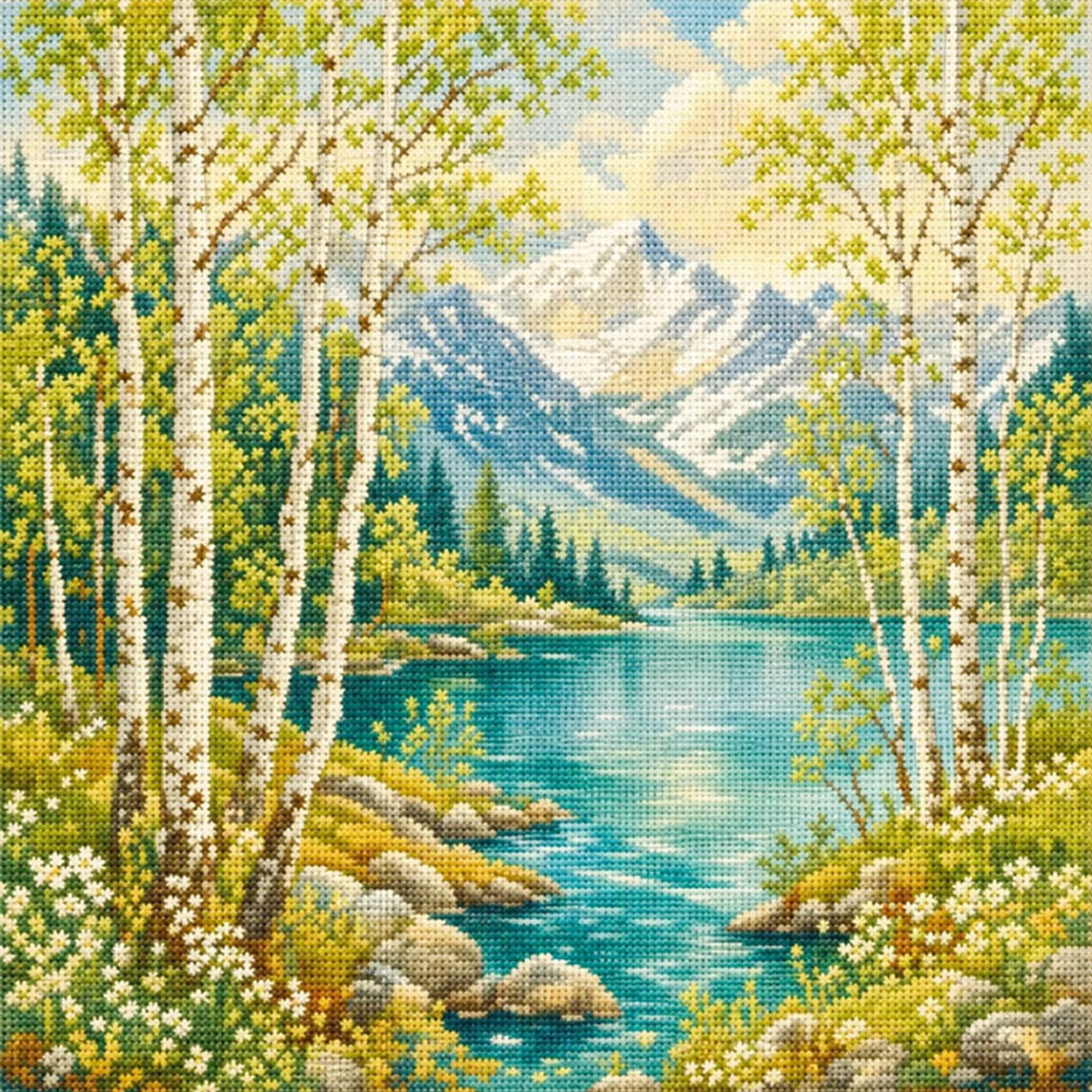 Mountain Lake And Birch Forest - Full 11CT Stamped Cross Stitch 45x45CM - Huacan