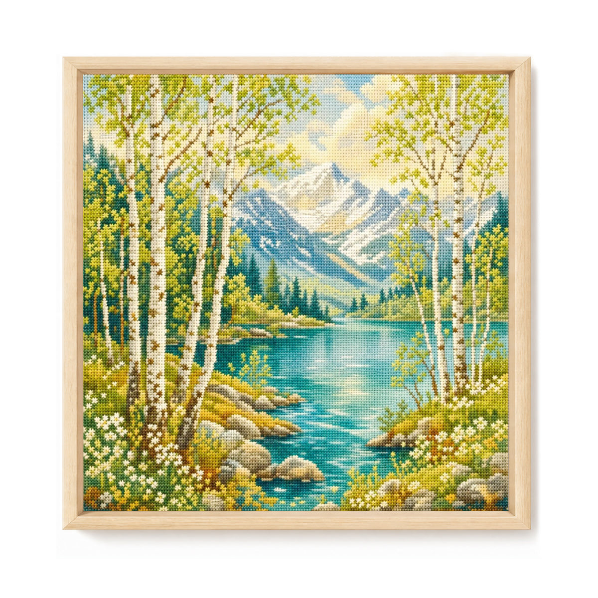Mountain Lake And Birch Forest - Full 11CT Stamped Cross Stitch 45x45CM - Huacan