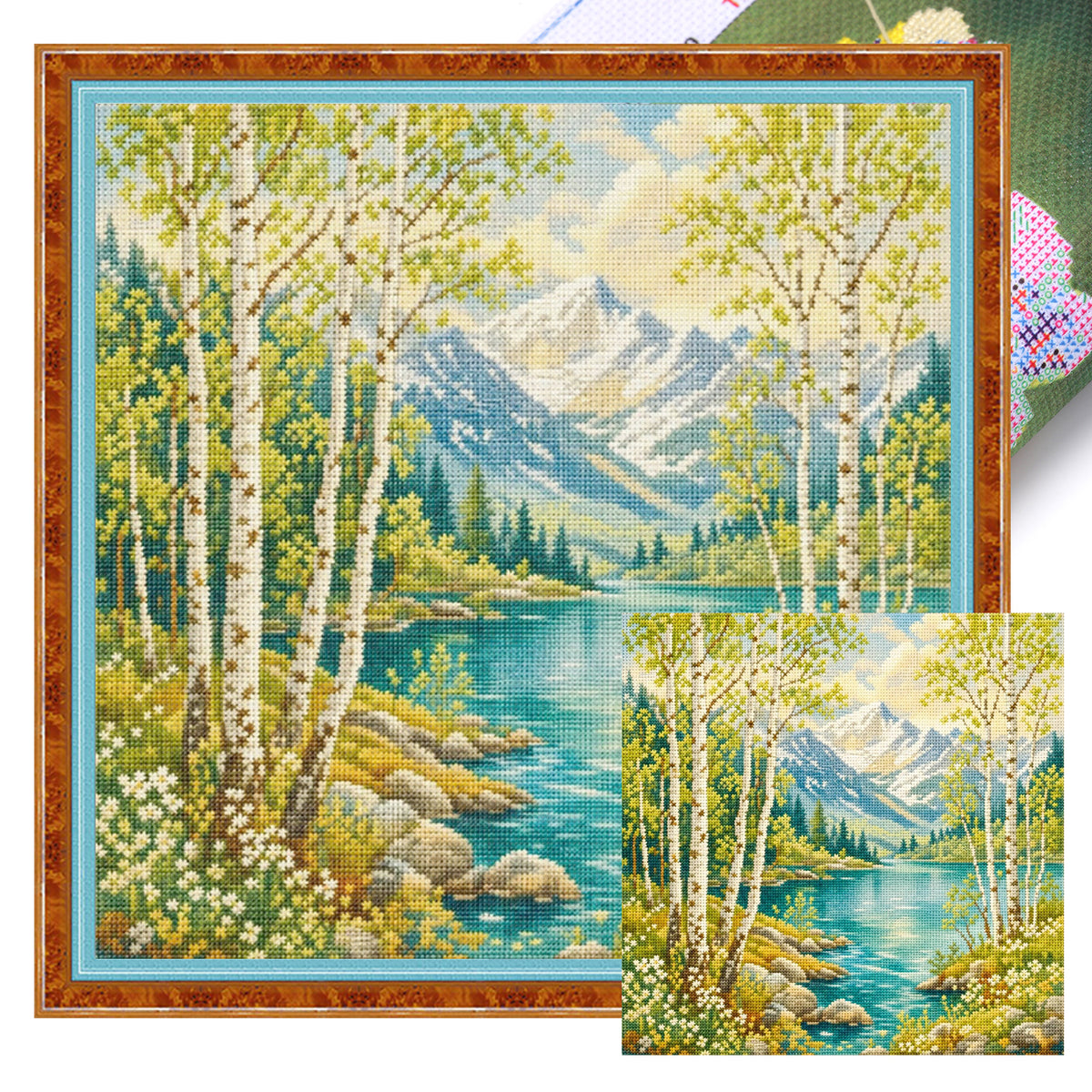 Mountain Lake And Birch Forest - Full 11CT Stamped Cross Stitch 45x45CM - Huacan