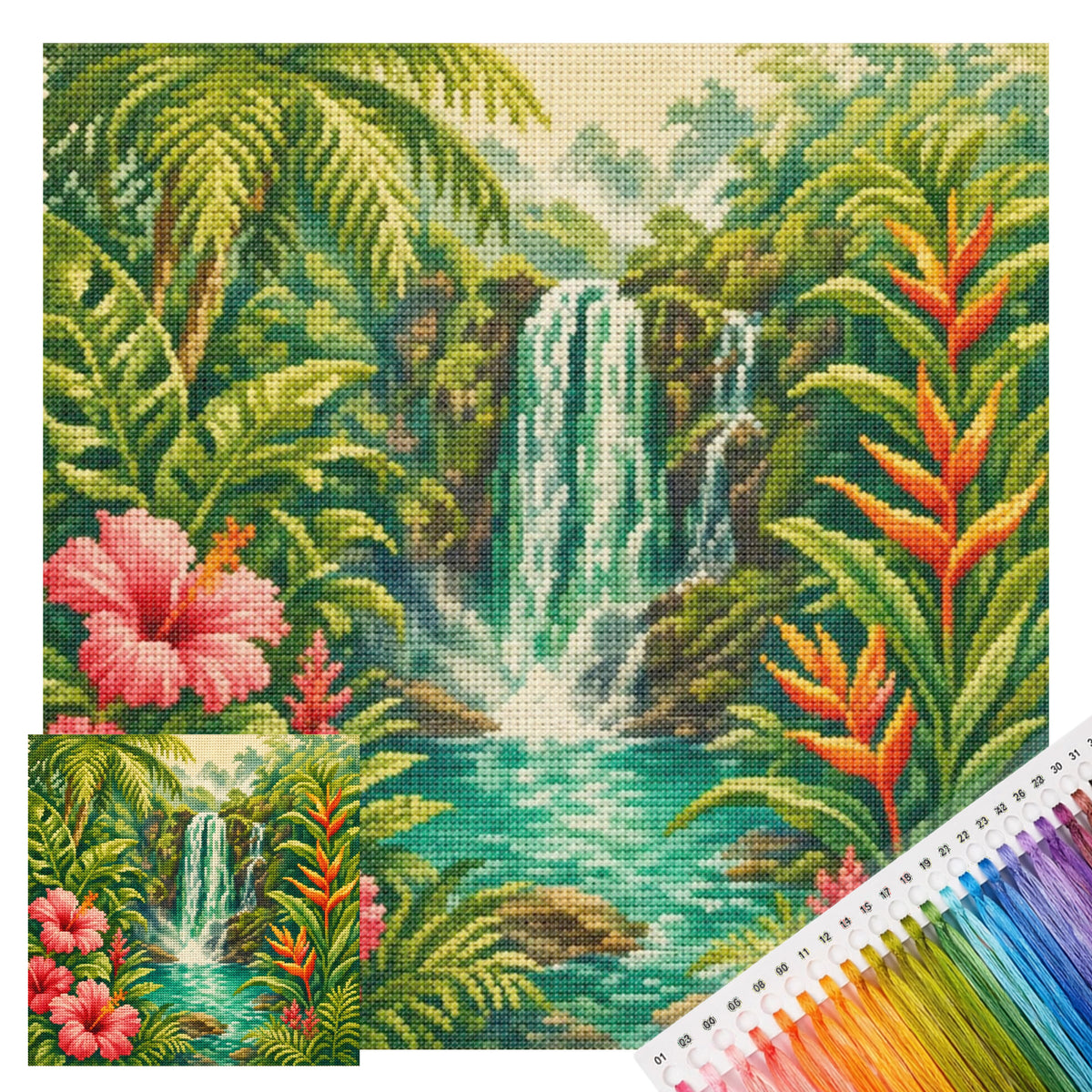 Rainforest Waterfall - Full 11CT Stamped Cross Stitch 45x45CM - Huacan