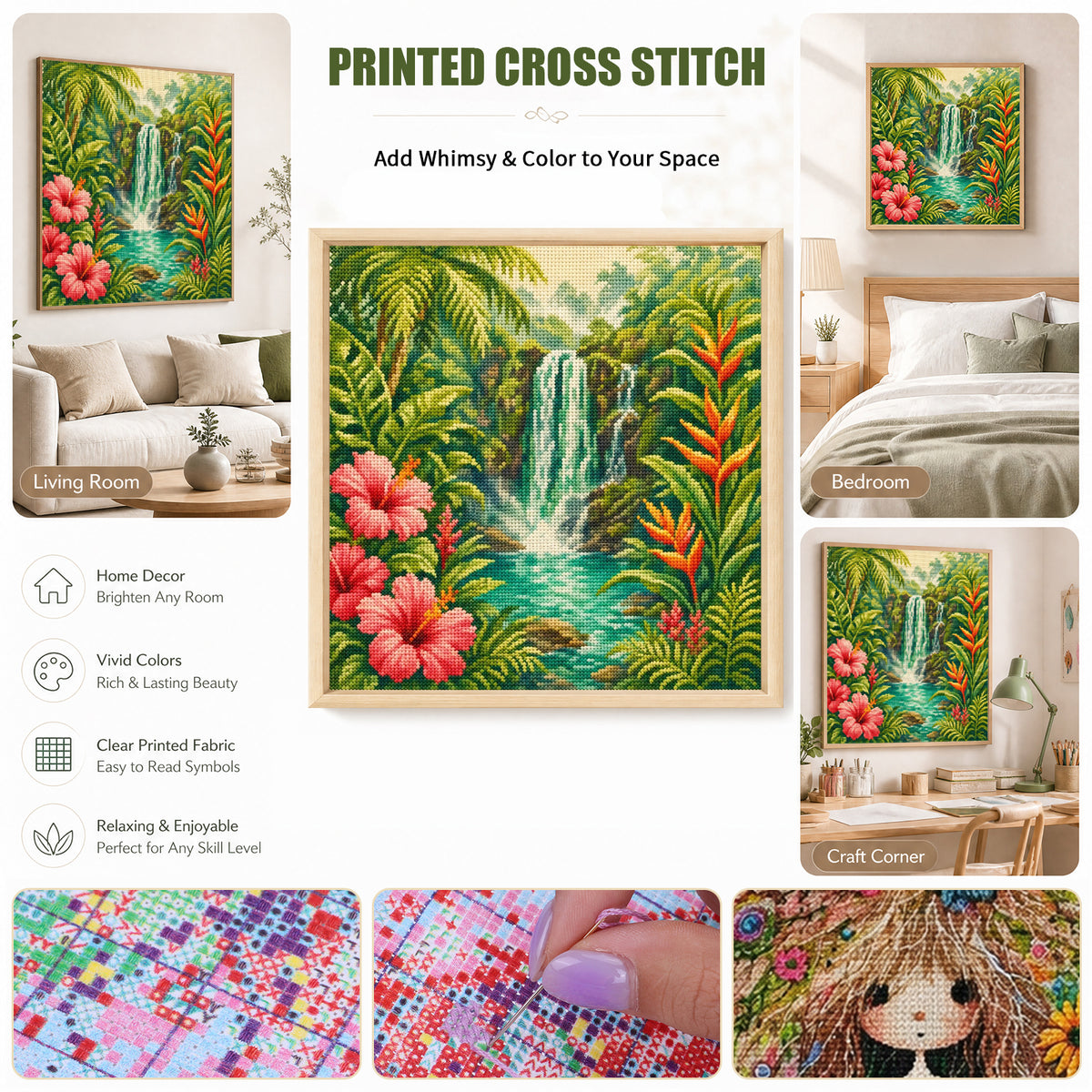 Rainforest Waterfall - Full 11CT Stamped Cross Stitch 45x45CM - Huacan