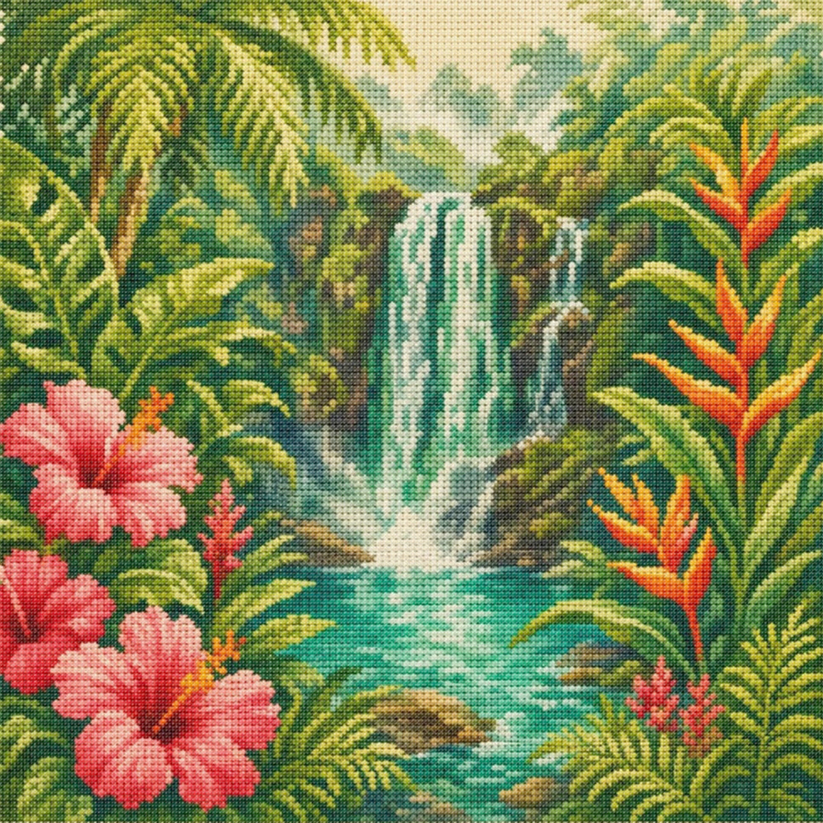 Rainforest Waterfall - Full 11CT Stamped Cross Stitch 45x45CM - Huacan
