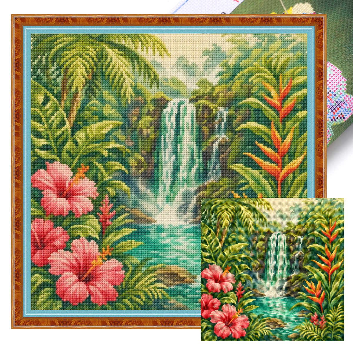 Rainforest Waterfall - Full 11CT Stamped Cross Stitch 45x45CM - Huacan