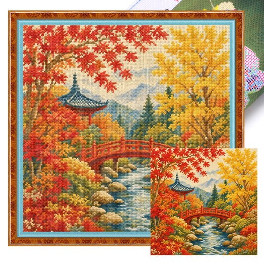 Herbstpavillon und Brücke - Vollständiges 11CT Stanz-Kreuzstichset 45x45CM - Huacan