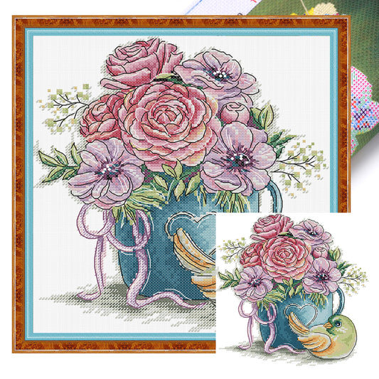 Eisvogel und Vase – Teil-Kreuzstichpackung 14CT vorgedruckt 26x27 cm – Joy Sunday Rückstich + Halbkreuzstich