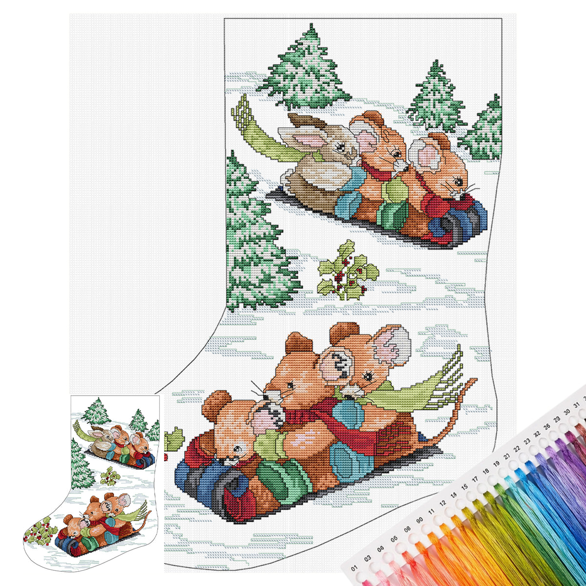 Weihnachtsstrumpf – Skifahrende Tiere – Teilweises 14CT Stempel-Kreuzstichset 41x50CM – Joy Sunday Rückstich + Halber Kreuzstich