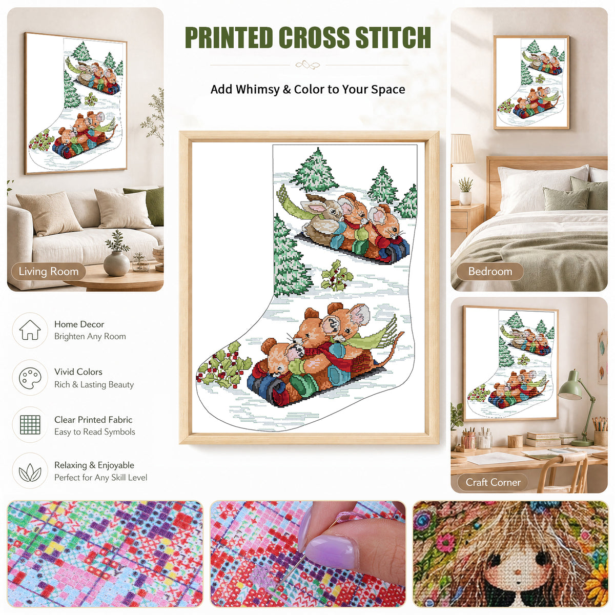 Weihnachtsstrumpf – Skifahrende Tiere – Teilweises 14CT Stempel-Kreuzstichset 41x50CM – Joy Sunday Rückstich + Halber Kreuzstich