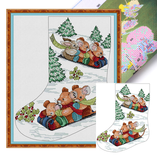 Weihnachtsstrumpf – Skifahrende Tiere – Teilweises 14CT Stempel-Kreuzstichset 41x50CM – Joy Sunday Rückstich + Halber Kreuzstich