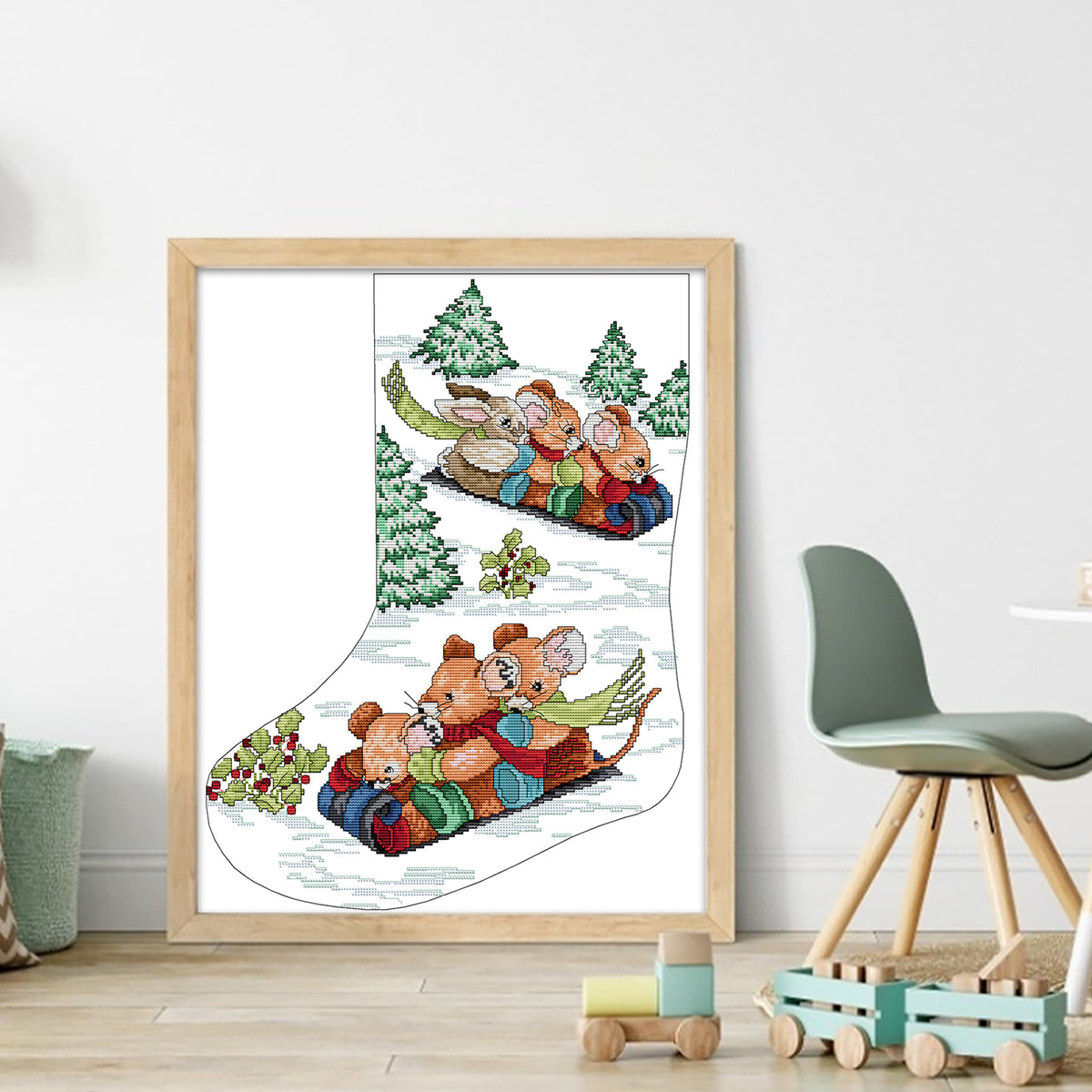 Weihnachtsstrumpf – Skifahrende Tiere – Teilweises 14CT Stempel-Kreuzstichset 41x50CM – Joy Sunday Rückstich + Halber Kreuzstich