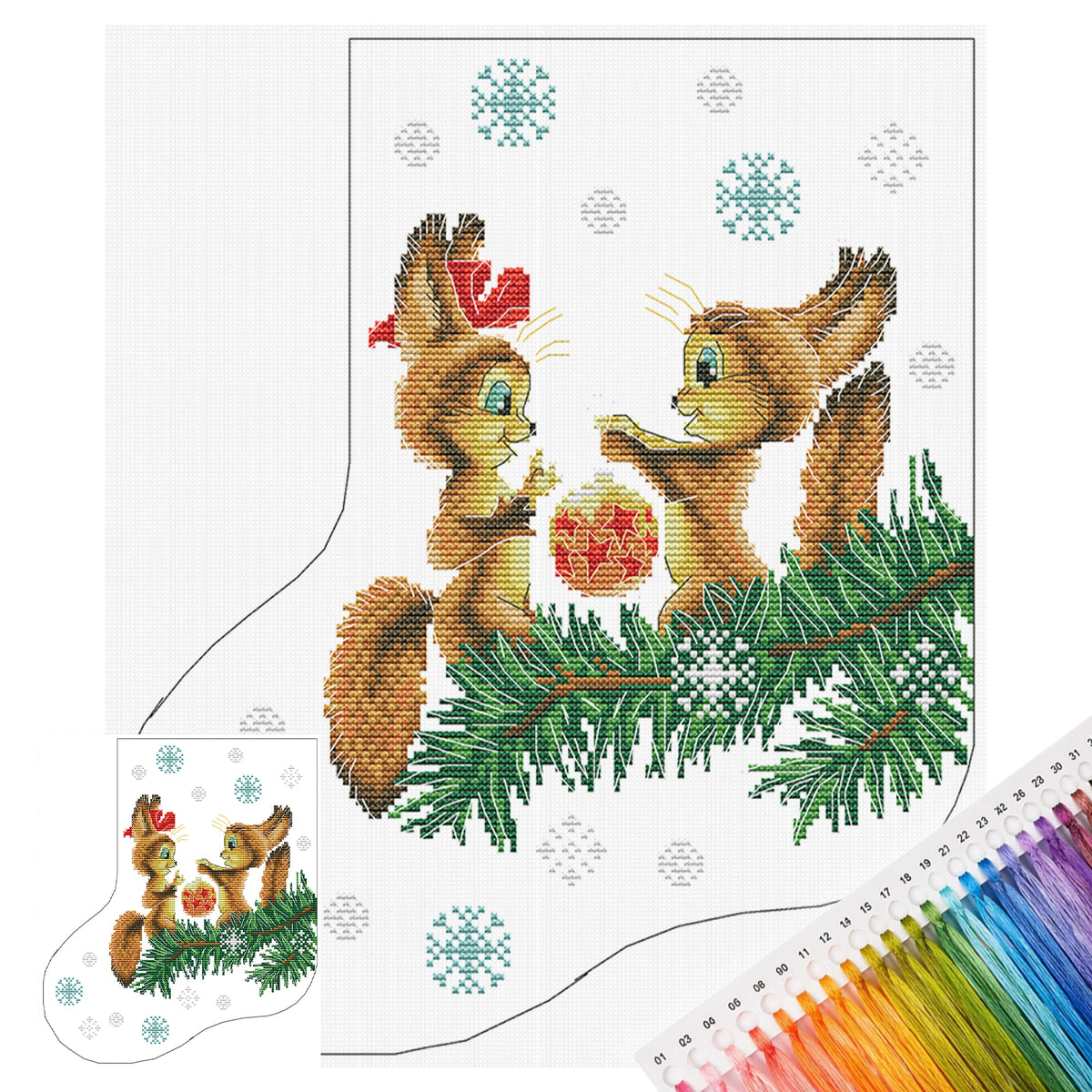 Weihnachtsstrumpf – Eichhörnchen bringt Geschenke – Teilweises 14CT Stempel-Kreuzstichset 32x35CM – Joy Sunday Rückstich