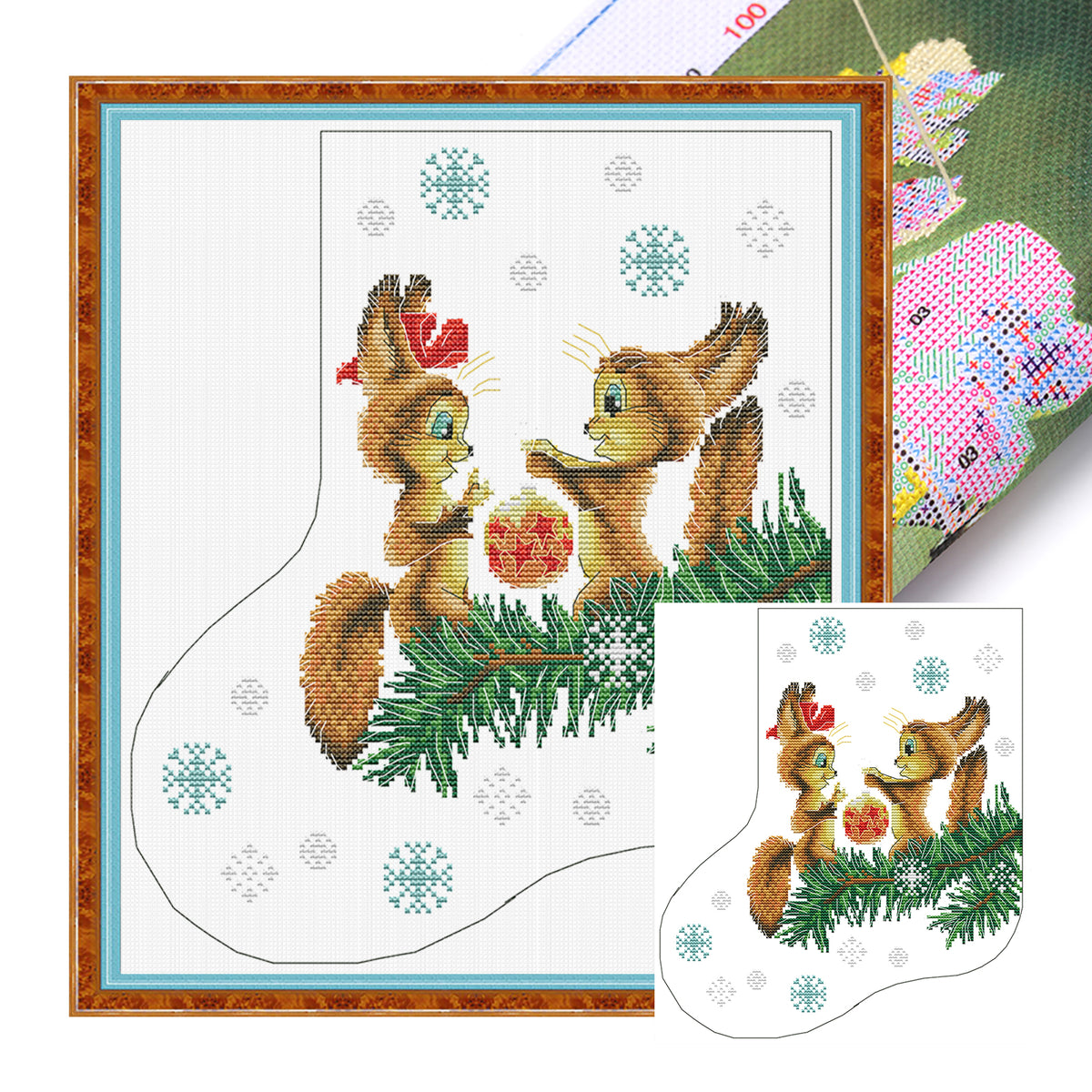 Weihnachtsstrumpf – Eichhörnchen bringt Geschenke – Teilweises 14CT Stempel-Kreuzstichset 32x35CM – Joy Sunday Rückstich