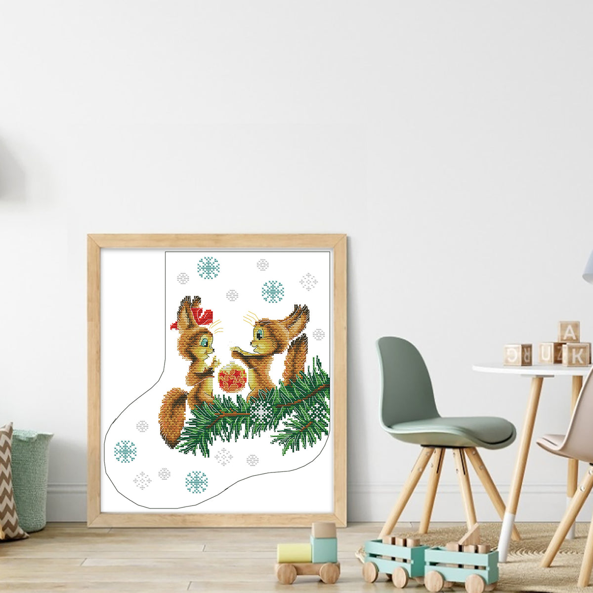 Weihnachtsstrumpf – Eichhörnchen bringt Geschenke – Teilweises 14CT Stempel-Kreuzstichset 32x35CM – Joy Sunday Rückstich