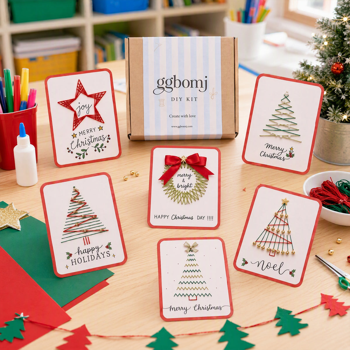 Christmas Card Embroidery Kit 6 Designs DIY String Art Style B